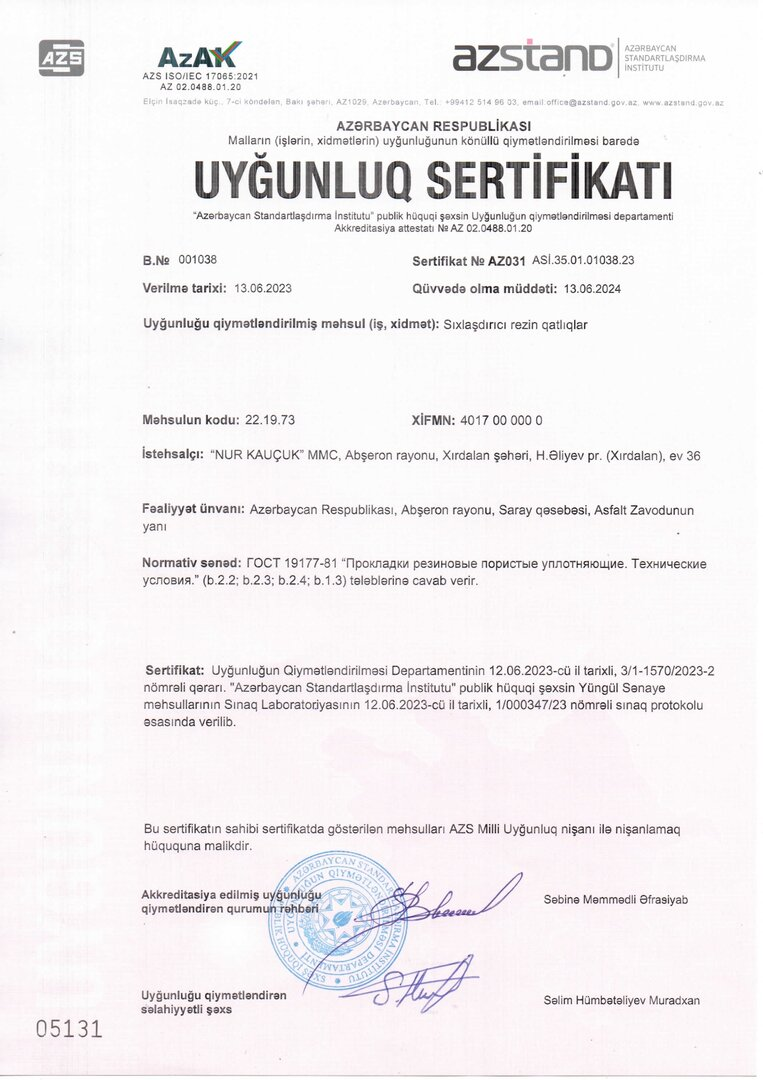 Sertifikat – keyfiyyət sertifikatı | NUR KAUÇUK MMC